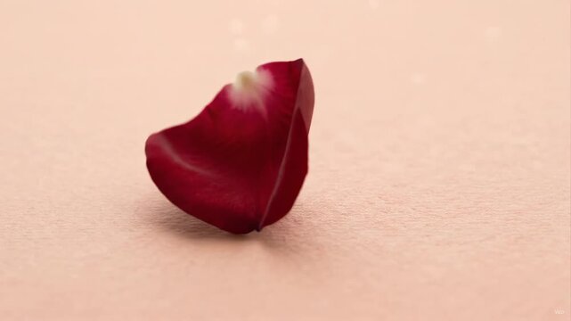 Single crimson rose petal hovers just above warm peach paper-like surface, concave interior facing camera with delicate white base marking visible; soft diffuse light from upper left creates gentle