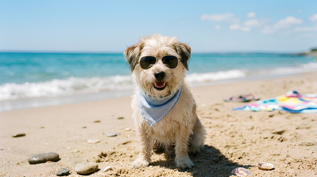Adorable scruffy dog wearing sunglasses and blue bandana on a beach