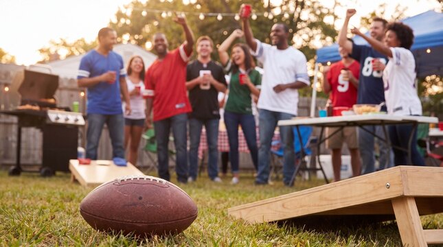 American football sits near a cornhole game at a backyard tailgate party on a sunny day