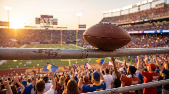 American football rests on a stadium railing with blurred crowd cheering during a game day event