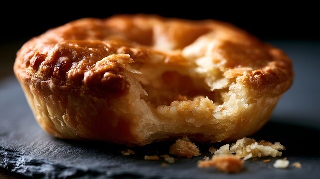 A golden brown pastry with a flaky crust and bite mark revealing its soft interior on a dark slate surface