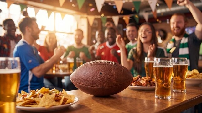 American football sits on a bar table surrounded by wings and drinks during a festive watch party