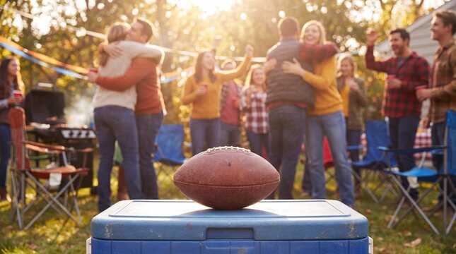 American football sits on a cooler at a lively backyard tailgate party on a sunny afternoon