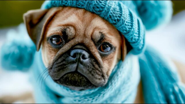 Close-up portrait of a pug wearing a blue knitted hat and scarf in a snowy winter setting, creating a cute and cozy seasonal pet image