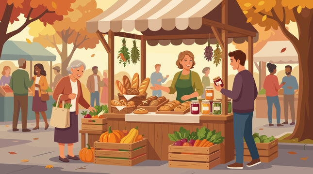 A busy autumn farmers market featuring fresh vegetables, artisan bread, and preserves. Customers interact with a smiling vendor in a festive seasonal setting.
