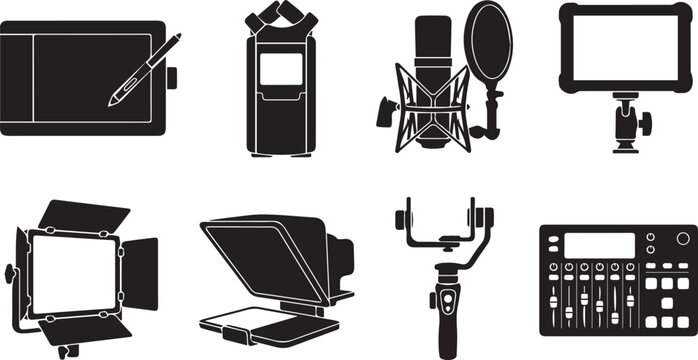 Content creation equipment vector icons set including graphics tablet microphone video light audio mixer gimbal teleprompter isolated