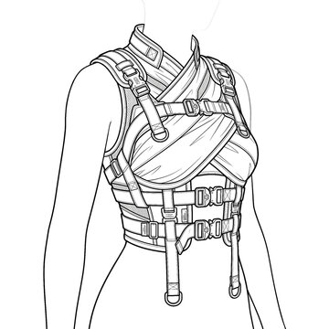 Hand drawn sketch of cyberpunk wrappedtop on dummy mannequin. Technical line art.