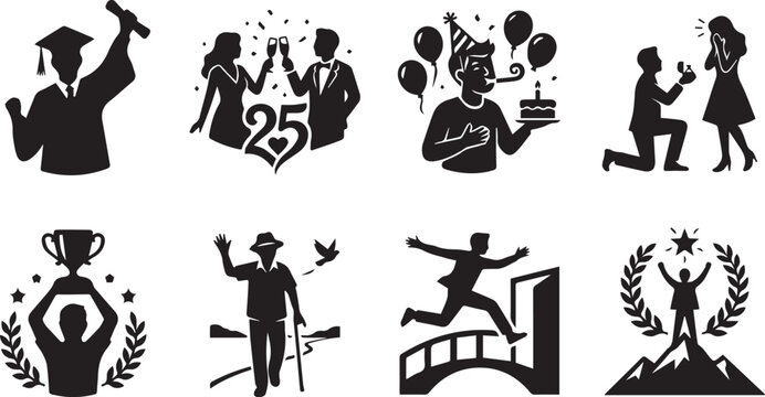 Life milestones black vector icon set depicting graduation anniversary birthday marriage proposal achievement and retirement
