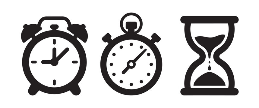 A set of three black featuring an alarm clock, a stopwatch, and an hourglass, representing time management and measurement on a white background