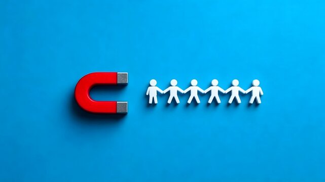 Talent acquisition recruitment strategy showing red magnet attracting chain of connected paper figures symbolizing employee retention