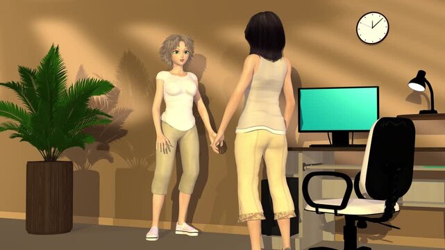 3d animation, two cartoons characters speaking or an conversation near a desktop with a computer