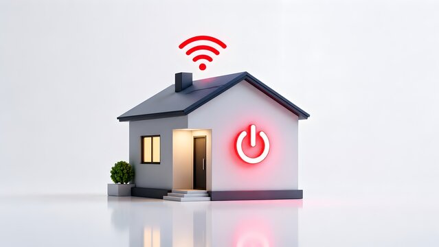 Smart home automation connectivity concept showing modern minimalist residential house with glowing red wireless wifi symbol and power button
