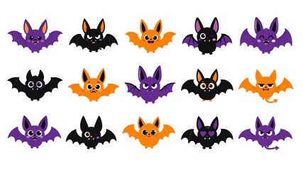 Fototapeta premium Set of cute cartoon halloween bats in purple orange and black colors with different facial expressions and poses isolated on white