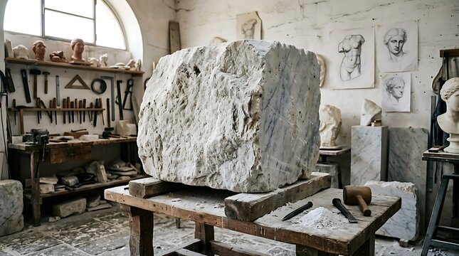 Large marble block in a sculptor studio. Raw stone material for professional carving art.