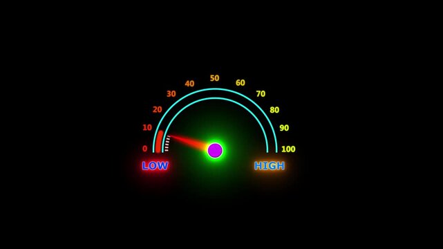 Futuristic Status Display, Modern Technology Interface and Glowing Neon Performance Gauge 4k Animation . Digital Dashboard Meter, with 10 Level Indicator on Black Background. 