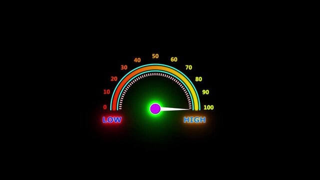 Futuristic Status Display, Modern Technology Interface and Glowing Neon Performance Gauge 4k Animation . Digital Dashboard Meter, with 100 Level Indicator on Black Background. 