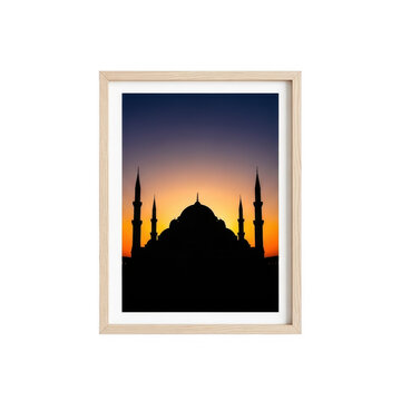 Silhouette mosque at sunset with vibrant sky isolated on transparent background