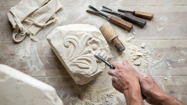 Restorative Sculpting of Classic Decorative Stone Relief Art in Workshop