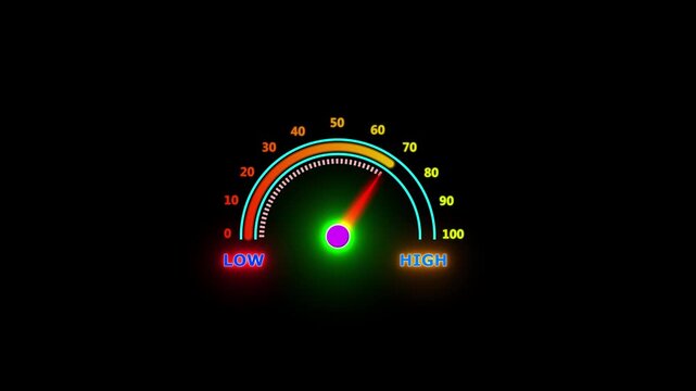 Futuristic Status Display, Modern Technology Interface and Glowing Neon Performance Gauge 4k Animation . Digital Dashboard Meter, with 70 Level Indicator on Black Background. 