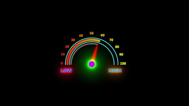 Futuristic Status Display, Modern Technology Interface and Glowing Neon Performance Gauge 4k Animation . Digital Dashboard Meter, with 60 Level Indicator on Black Background. 