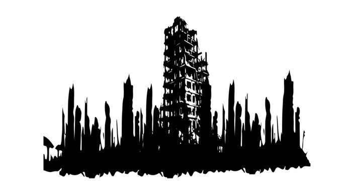 Black and white illustration of a destroyed building with rubble on white background icon