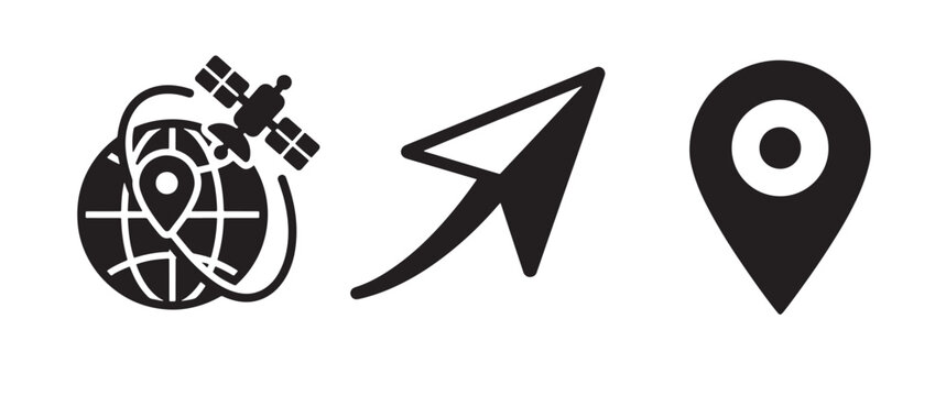Three black depicting a global satellite navigation system, a directional arrow pointer, and a location pin marker on a white background, for travel