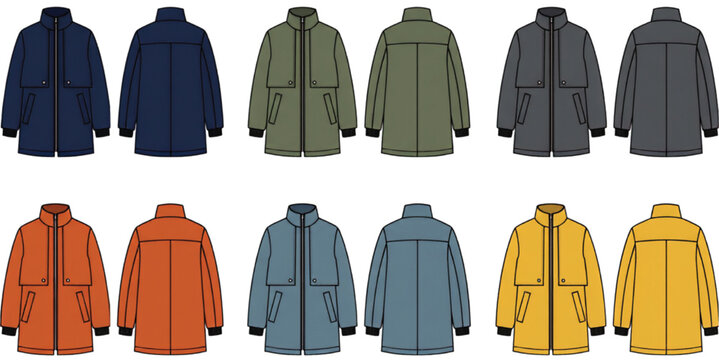 Women's modern hooded parka jacket collection featuring front and back views in assorted colors isolated vector illustration