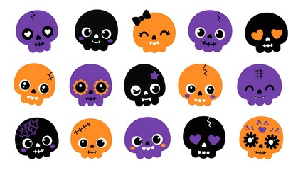 Fototapeta premium Set of cute halloween skulls with various expressions and decorative elements in orange black and purple colors for festive designs