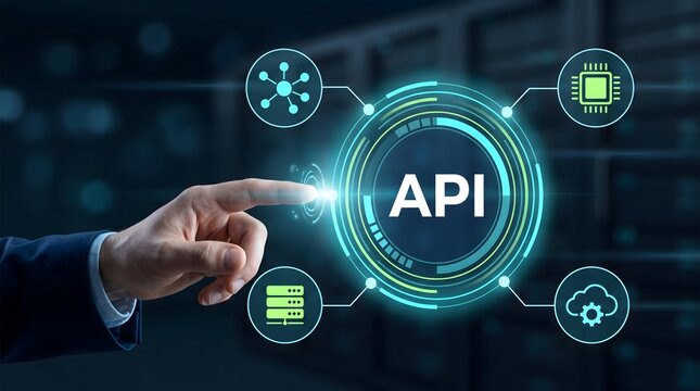 Application programming interface cloud software integration concept with executive hand pressing API glowing hologram button in data center