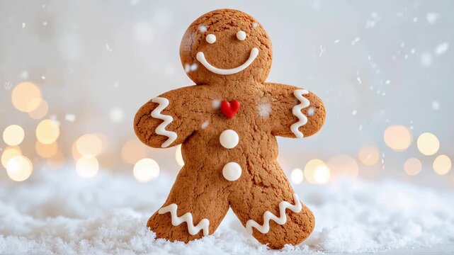 Cute gingerbread man cookie with red heart standing in fresh snow surrounded by festive winter lights, perfect for Christmas baking, holiday greetings, seasonal advertising, social media and festive m