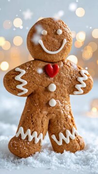 Cute gingerbread man cookie with red heart standing in fresh snow surrounded by festive winter lights, perfect for Christmas baking, holiday greetings, seasonal advertising, social media and festive m