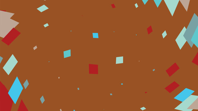 Minimalist background featuring scattered floating rhomboid shapes in light blue and dark red colors isolated on solid dark brown matte surface.
