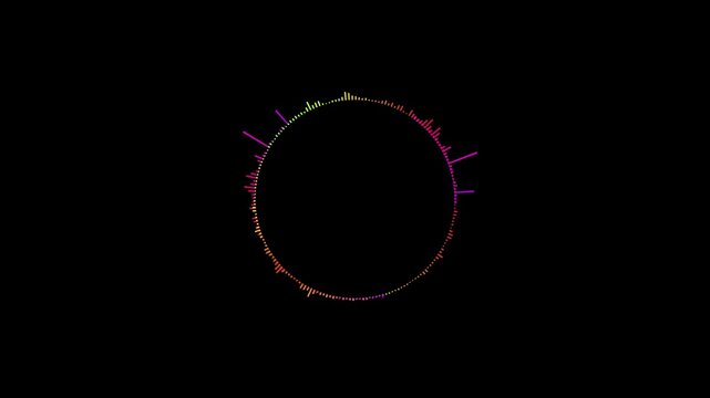 Futuristic Sound Wave Interface Graphic of Multicolor Neon Audio Spectrum Ring 4k Animation on Black Background. Circular Music Visualizer, Dynamic Frequency Bars animated 
