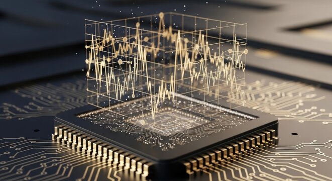 A high tech computer processor chip with a glowing digital data cube hologram floating above the surface of a circuit board
