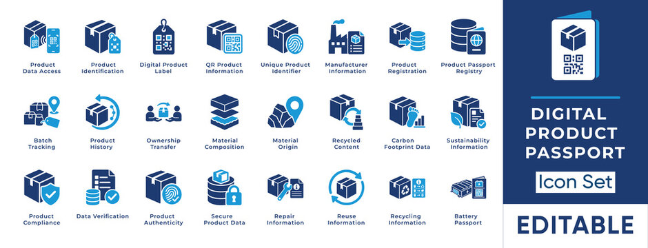 Digital product passport DPP icon set featuring identification, QR codes, traceability, sustainability data, carbon footprint, compliance, and battery passport symbols.