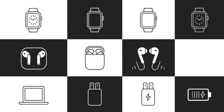 Apple smartwatch and earbuds icon set with wearable technology and wireless audio device vector illustration