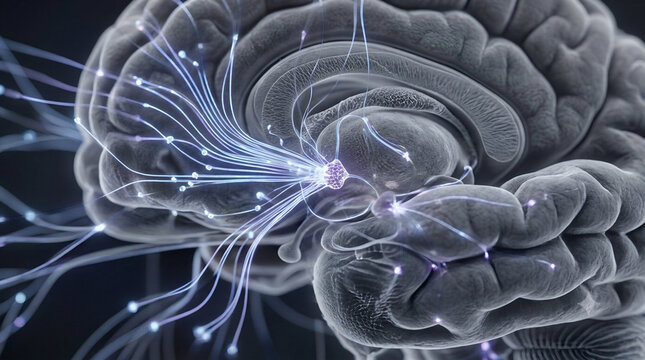 Makroaufnahme von neuronalen Lichtfasern die in ein zentrales Gehirnareal m&uuml;nden 
Oder Daten-Konvergenz