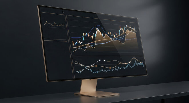 A modern computer monitor displaying complex financial stock market charts and data analysis on a dark background in an office
