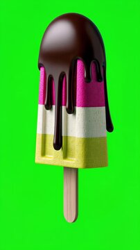 Colorful chocolate coated ice cream popsicle on green screen for chroma key editing, perfect for food advertising, product promotions, social media, video production, motion graphics and commercial ma