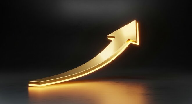 A shiny golden arrow pointing upwards on a dark background representing financial growth success progress and positive business market trends