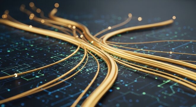 Abstract digital background featuring glowing golden fiber optic cables spreading across a dark blue surface representing modern global data communication