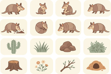 Obraz premium Set of cute armadillo character icons in flat vector style with desert nature elements for playful designs
