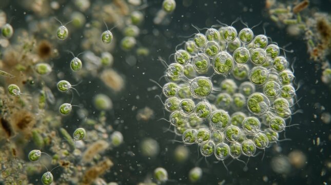 Microscopic multicellular hurdle, green single-celled organisms physically bonding together into a spherical colony, demonstrating the primitive evolutionary transition toward complex life.