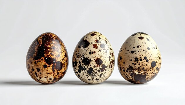 Three quail eggs isolated on white background, natural shell texture, studio lighting