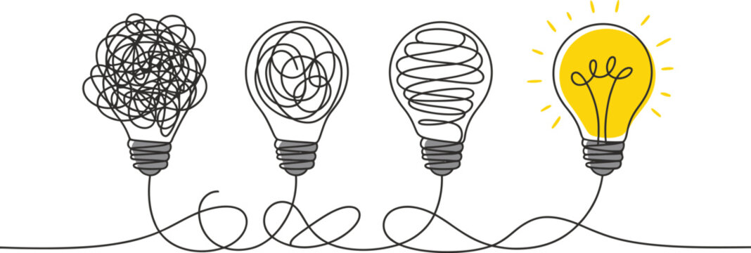 Business problem solving concept with tangled and untangled line lightbulbs illustrating process simplification innovation and strategic thinking vector illustration