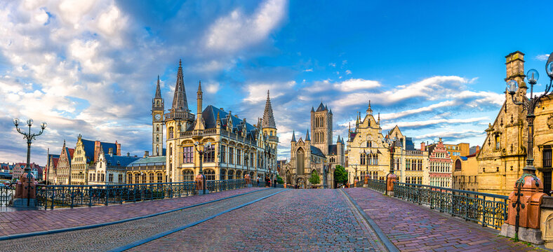 Panorama of Ghent city historic center with Saint Michael Bridge, Saint Nicholas Church and Old Post Office, Panoramic view of Gent old town landmarks, East Flanders province, Flemish Region, Belgium