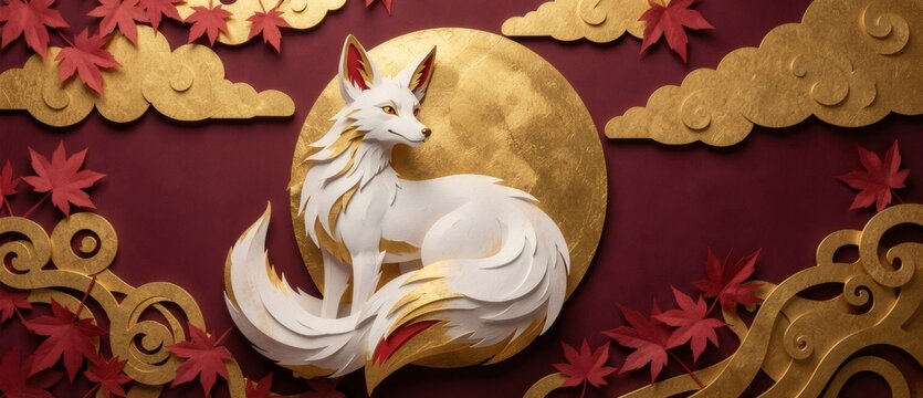 White kitsune fox paper art with golden full moon
