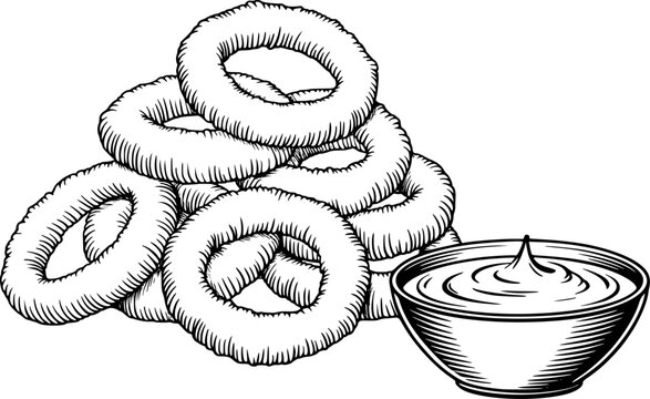 Un dibujo a mano de una pila de aros de cebolla fritos crujientes servidos con un peque&ntilde;o cuenco de salsa para mojar