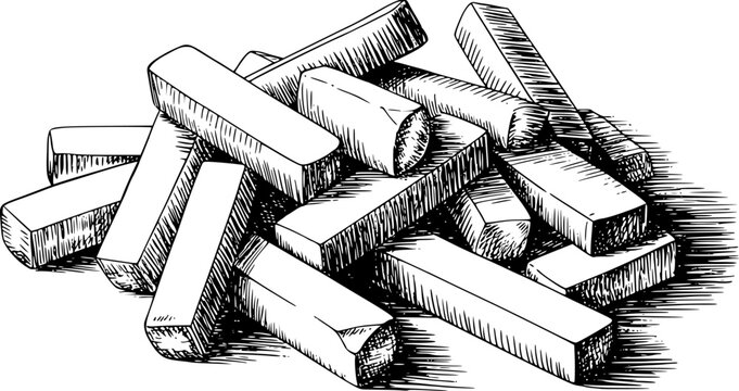 Una pila de bloques o ladrillos de madera rectangulares ilustrados en un estilo dibujado a mano en blanco y negro