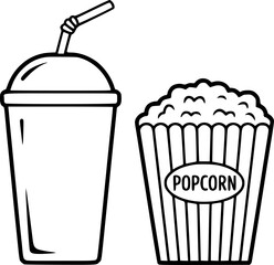 Una línea simple en blanco y negro de un vaso de refresco refrescante y un cubo de deliciosas palomitas de maíz